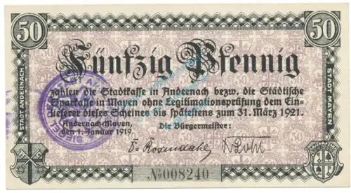 Andernach , Notgeld 50 Pfennig Schein unc-kfr-. Ti.0125.05.05 , RHL 1919 Verkehrsausgabe -0336