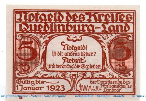 Notgeld Kreis Quedlinburg 1089.1.a , 5 Pfennig Schein - U -  o. D. Sachsen Anhalt Seriennotgeld