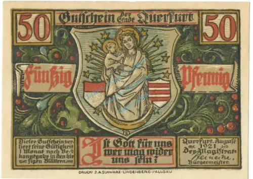 Querfurt , Notgeld 50 Pfennig -Nr.2- unc-kfr. M-G.1090.2 , SA 1921 Seriennotgeld -5824