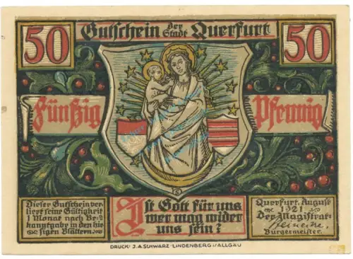 Querfurt , Notgeld 50 Pfennig -Nr.1- unc-kfr. M-G.1090.2 , SA 1921 Seriennotgeld -5825