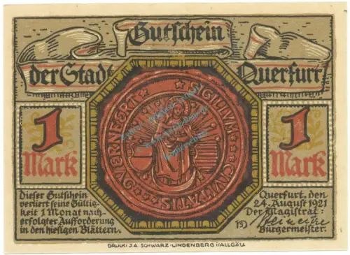 Querfurt , Notgeld 1 Mark -Nr.1- unc-kfr. M-G.1090.1 , SA 1921 Seriennotgeld -5827