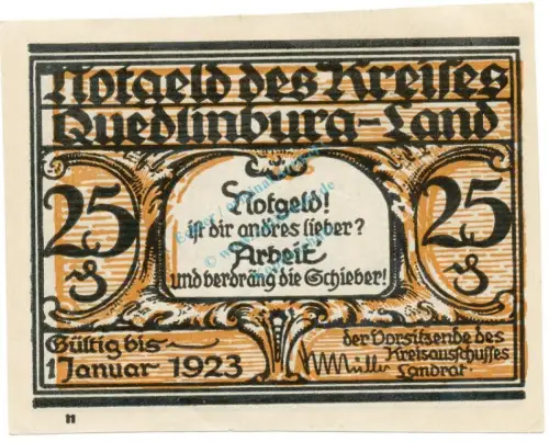Quedlinburg , Notgeld 25 Pfennig Schein -N- unc-kfr. M-G.1089.1.a , SA o.D. Seriennotgeld -5829