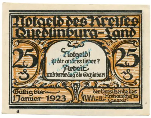 Quedlinburg , Notgeld 25 Pfennig Schein -D- unc-kfr. M-G.1089.1.b , SA o.D. Seriennotgeld -5831
