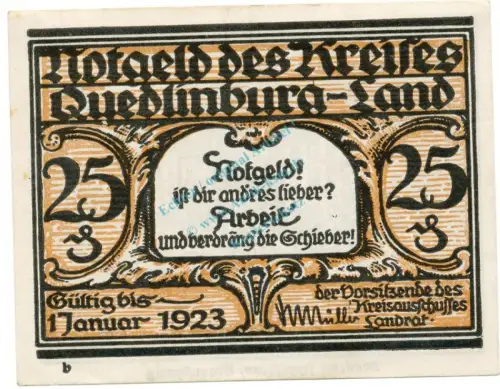 Quedlinburg , Notgeld 25 Pfennig Schein -B- unc-kfr. M-G.1089.1.b , SA o.D. Seriennotgeld -5832