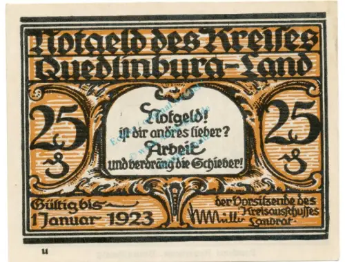 Quedlinburg , Notgeld 25 Pfennig Schein -U- unc-kfr. M-G.1089.1.b , SA o.D. Seriennotgeld -5833