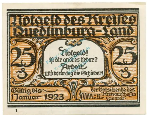Quedlinburg , Notgeld 25 Pfennig Schein -L- unc-kfr. M-G.1089.1.b , SA o.D. Seriennotgeld -5834