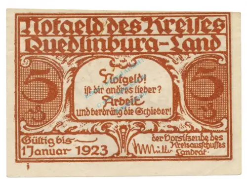 Quedlinburg , Notgeld 5 Pfennig Schein -i- unc-kfr. M-G.1089.1.a , SA o.D. Seriennotgeld -5835