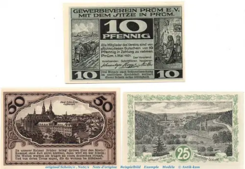 Notgeld Gewerbeverin Prüm 1079.1 , Set mit 3 Scheinen in kfr. Mai 1921 , Rheinland Seriennotgeld