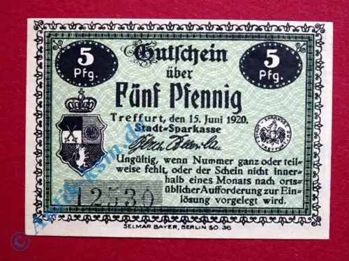 Notgeld Treffurt , Einzelschein über 5 Pfennig , Tieste 7415.05.20 , Sachsen Verkehrsausgabe