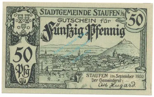 Staufen , Notgeld 50 Pfennig Schein unc-kfr. Ti.7095.05.05 BAD 1920 Verkehrsausgabe -4305