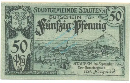 Staufen , Notgeld 50 Pfennig Schein unc-kfr. Ti.7095.05.10 BAD 1920 Verkehrsausgabe -4306