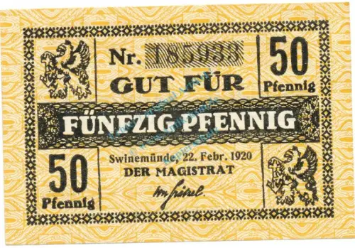 Swinemünde , Notgeld 50 Pfennig Schein unc-kfr. Ti.7245.05.21 POM 1920 Verkehrsausgabe -4307