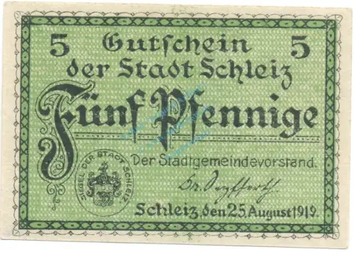 Schleiz , Notgeld 5 Pfennig Schein unc-kfr. Ti.6550.05.15 TH 1919 Verkehrsausgabe -4308