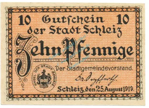 Schleiz , Notgeld 10 Pfennig Schein unc-kfr. Ti.6550.05.16 TH 1919 Verkehrsausgabe -4309