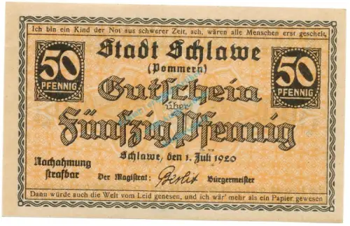 Schlawe , Notgeld 50 Pfennig Schein unc-kfr. Ti.6530.05.10 POM 1920 Verkehrsausgabe -4310