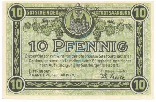 Saarburg , Notgeld 10 Pfennig Schein unc-kfr. Ti.6340.10.01 RHL 1920 Verkehrsausgabe -4311