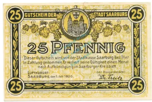 Saarburg , Notgeld 25 Pfennig Schein unc-kfr. Ti.6340.10.02 RHL 1920 Verkehrsausgabe -4312