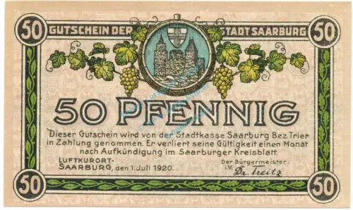 Saarburg , Notgeld 50 Pfennig Schein unc-kfr. Ti.6340.10.03 RHL 1920 Verkehrsausgabe -4313