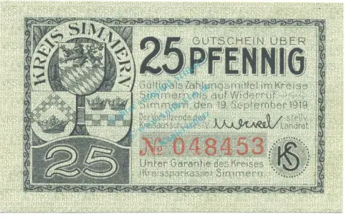 Simmern , Notgeld 25 Pfennig Schein unc-kfr. Ti.6925.05.10 RHL 1919 Verkehrsausgabe -4314