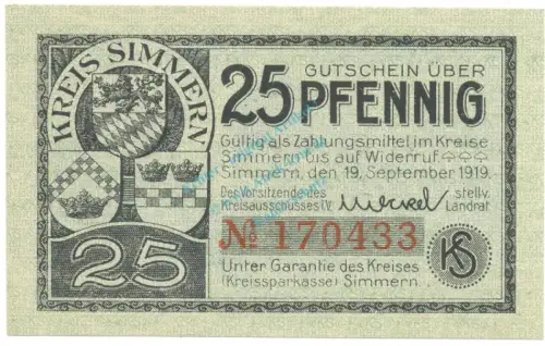 Simmern , Notgeld 25 Pfennig Schein unc-kfr. Ti.6925.05.15 RHL 1919 Verkehrsausgabe -4315