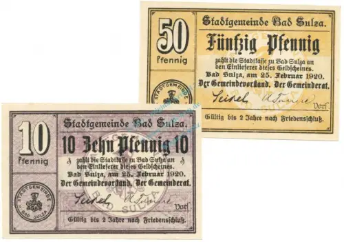 Bad Sulza , Notgeld Set 2 Scheine unc-kfr. Ti.7230.05.20-21 S 1920 Verkehrsausgabe -4317