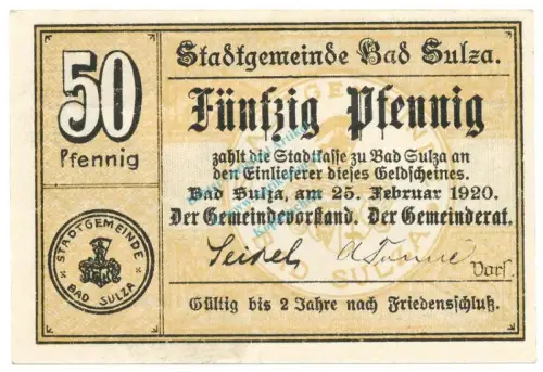 Bad Sulza , Notgeld 50 Pfennig Schein unc-kfr. Ti.7230.05.21 TH 1920 Verkehrsausgabe -4318