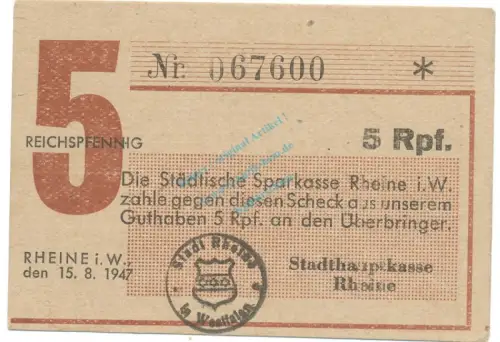 Rheine , Notgeld 5 Pfennig Schein unc-kfr. Schöne 0511 , Westfalen 1947 Notgeld 1945-48
