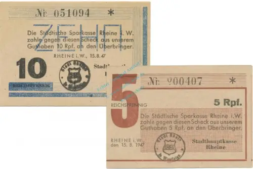 Rheine , Notgeld Set 2 Scheine unc-kfr. Schöne 0511-12 , Westfalen 1947 Notgeld 1945-48