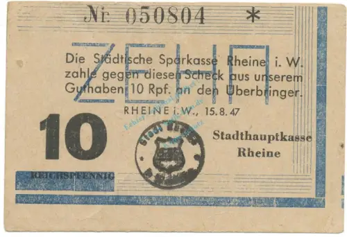 Rheine , Notgeld 10 Pfennig Schein L-gbr. Schöne 0512 , Westfalen 1947 Notgeld 1945-48
