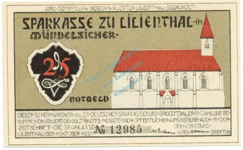 Lilienthal , Notgeld 25 Pfennig Schein unc-kfr. M-G.802.1 , NDS 1920 Seriennotgeld -5838