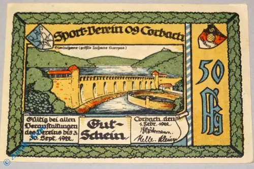 Notgeld Corbach , 50 Pfennig Schein Nr 4 , Mehl Grabowski 240.1 , von 1922 , Hessen Seriennotgeld