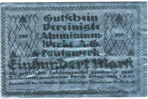 Lautawerk , Banknote 100 Mark -Aluminium- unc-kfr. Mü.2590.3 , BBG 1922 Inflation 22-23