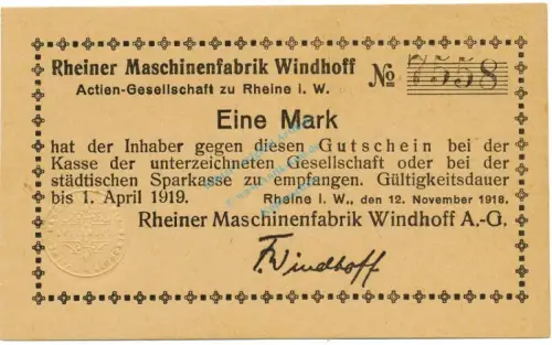 Rheine , Banknote 1 Mark Schein unc-kfr. Geiger 449.01 , NRW 1918 Grossnotgeld