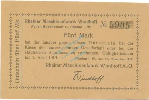 Rheine , Banknote 5 Mark Schein unc-kfr. Geiger 449.02 , NRW 1918 Grossnotgeld