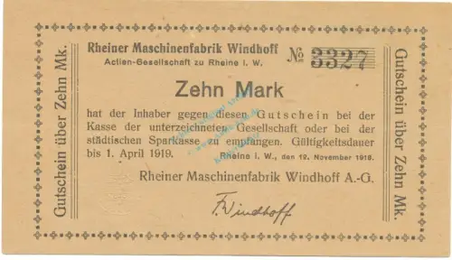 Rheine , Banknote 10 Mark Schein L-gbr. Geiger 449.03 , NRW 1918 Grossnotgeld
