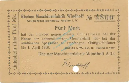 Rheine , Banknote 5 Mark Schein unc-kfr.E Geiger 449.02 , NRW 1918 Grossnotgeld