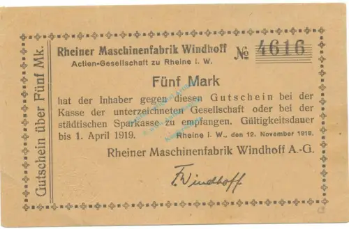 Rheine , Banknote 5 Mark Schein gbr.-Stpl- Geiger 449.02 , NRW 1918 Grossnotgeld