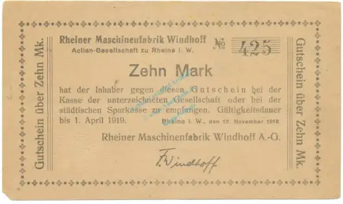 Rheine , Banknote 10 Mark Schein gbr.-Stpl- Geiger 449.03 , NRW 1918 Grossnotgeld
