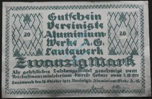 Lautawerk , Banknote 20 Mark -Alu- unc-kfr. Mü.2590.1 , BBG 1922 Großnotgeld -3634