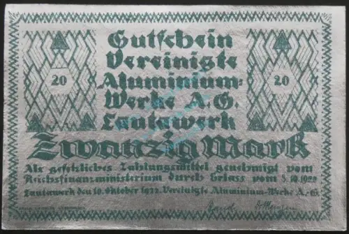 Lautawerk , Banknote 20 Mark -Alu- unc-kfr. Mü.2590.1 , BBG 1922 Großnotgeld -3636