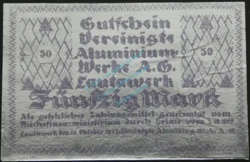 Lautawerk , Banknote 50 Mark -Alu- unc-kfr. Mü.2590.2 , BBG 1922 Großnotgeld -3637
