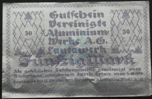 Lautawerk , Banknote 50 Mark -Alu- unc-kfr. Mü.2590.2 , BBG 1922 Großnotgeld -3638