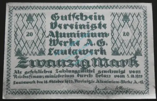 Lautawerk , Banknote 20 Mark -Alu- unc-kfr. Mü.2590.1 , BBG 1922 Großnotgeld -3640