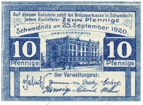 Schweidnitz , Notgeld 10 Pfennig Schein unc-kfr. Ti.6775.15.01 SLN 1920 Verkehrsausgabe -4260