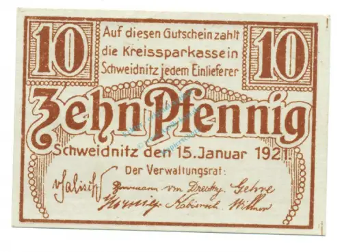 Schweidnitz , Notgeld 10 Pfennig Schein unc-kfr. Ti.6775.15.05 SLN 1921 Verkehrsausgabe -4261