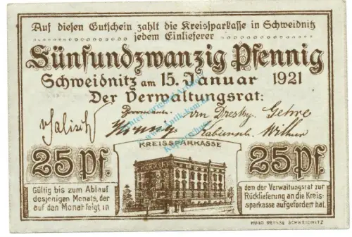 Schweidnitz , Notgeld 25 Pfennig Schein unc-kfr. Ti.6775.15.06 SLN 1921 Verkehrsausgabe -4262
