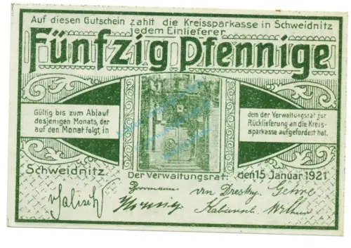 Schweidnitz , Notgeld 50 Pfennig Schein unc-kfr. Ti.6775.15.07 SLN 1921 Verkehrsausgabe -4263