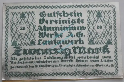Lautawerk , Banknote 20 Mark -Alu- unc-kfr. Mü.2590.1 , BBG 1922 Großnotgeld -3641