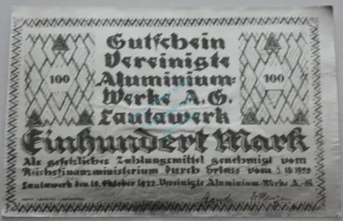 Lautawerk , Banknote 100 Mark -Alu- unc-kfr. Mü.2590.3 , BBG 1922 Großnotgeld -3643