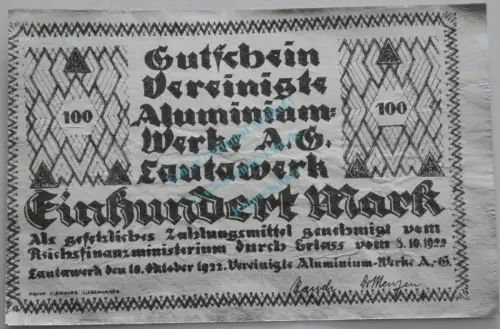 Lautawerk , Banknote 100 Mark -Alu- unc-kfr. Mü.2590.3 , BBG 1922 Großnotgeld -3644